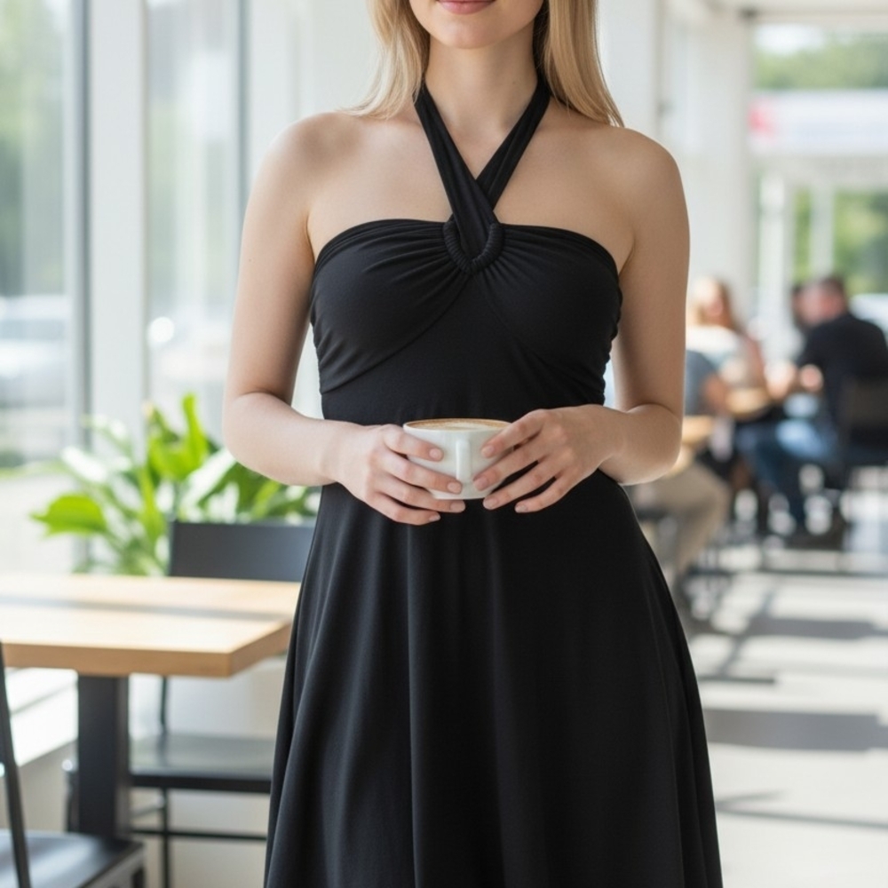 Elegant Black Halter Tunic 28" Long